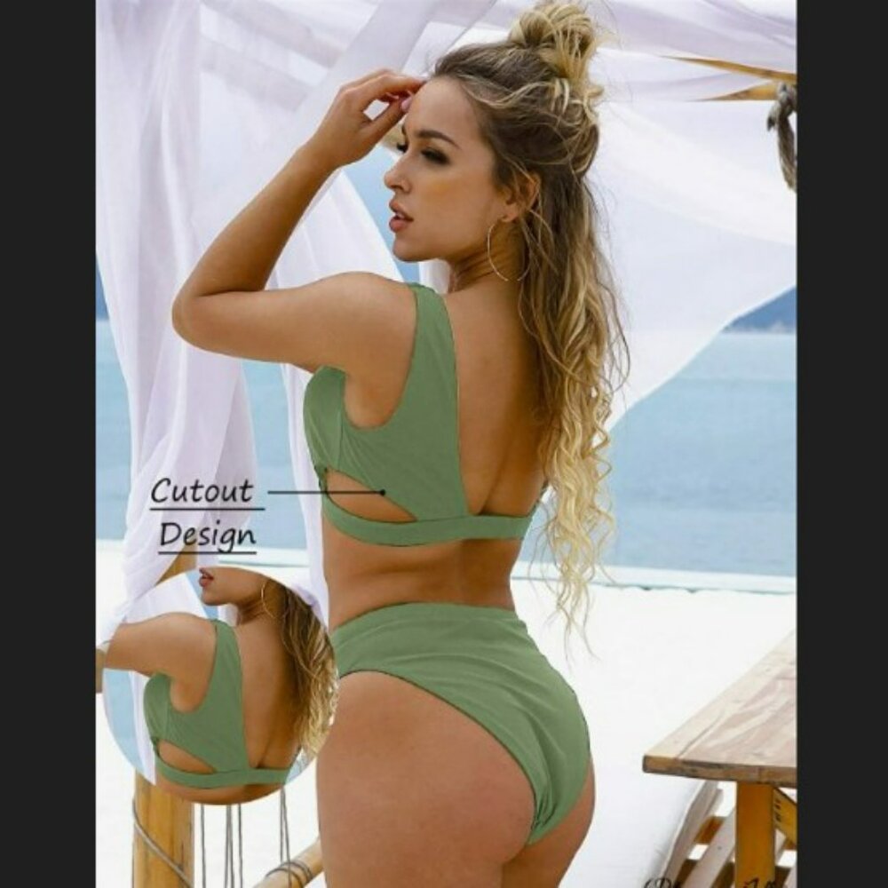 Blooming Jelly Women L 2-Piece Green High Waisted Halter Crop Top Bikini Swimsui - Picture 9 of 13